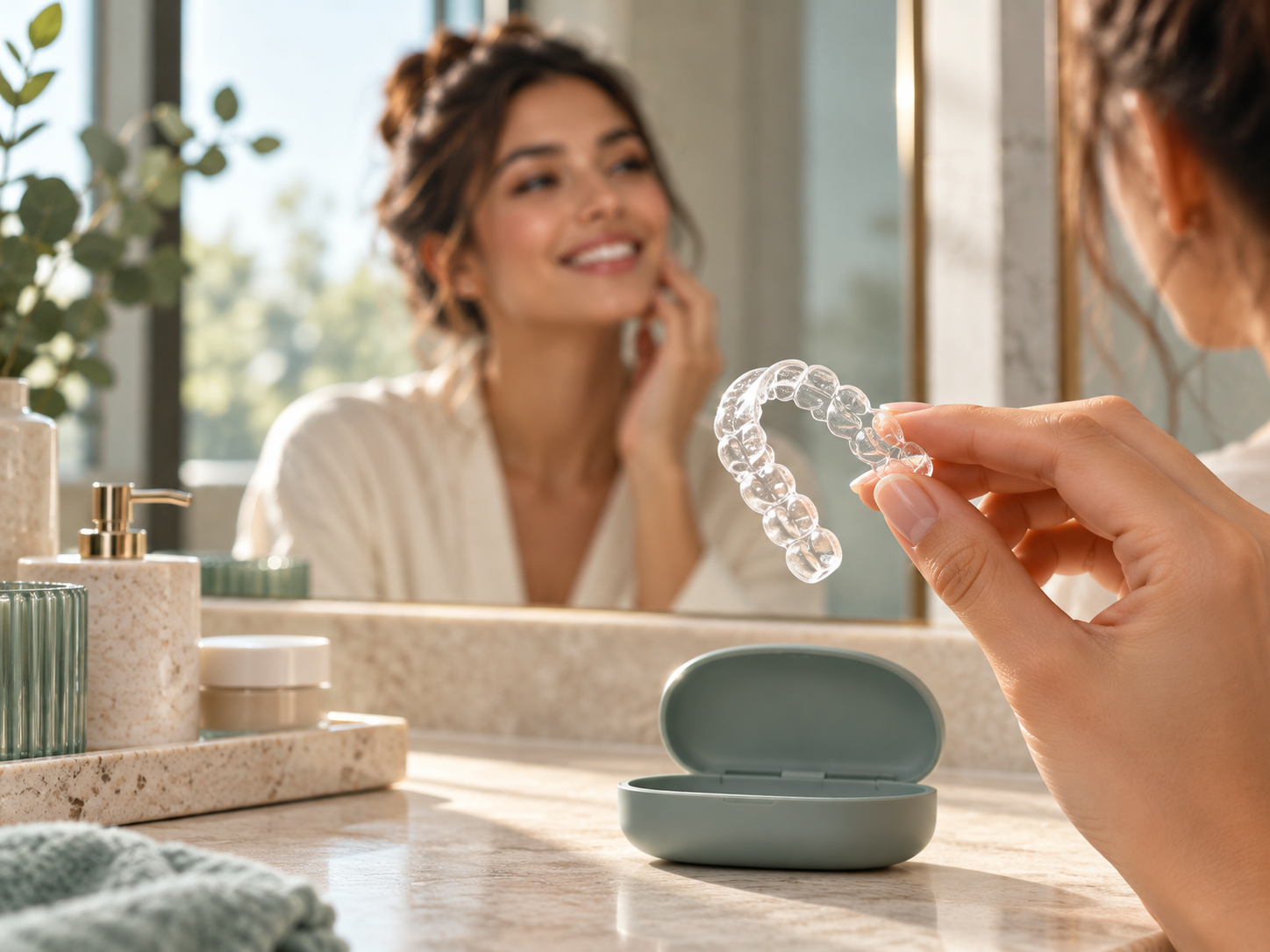 Transparent LGRZYEC clear aligner held above its case in a bright bathroom